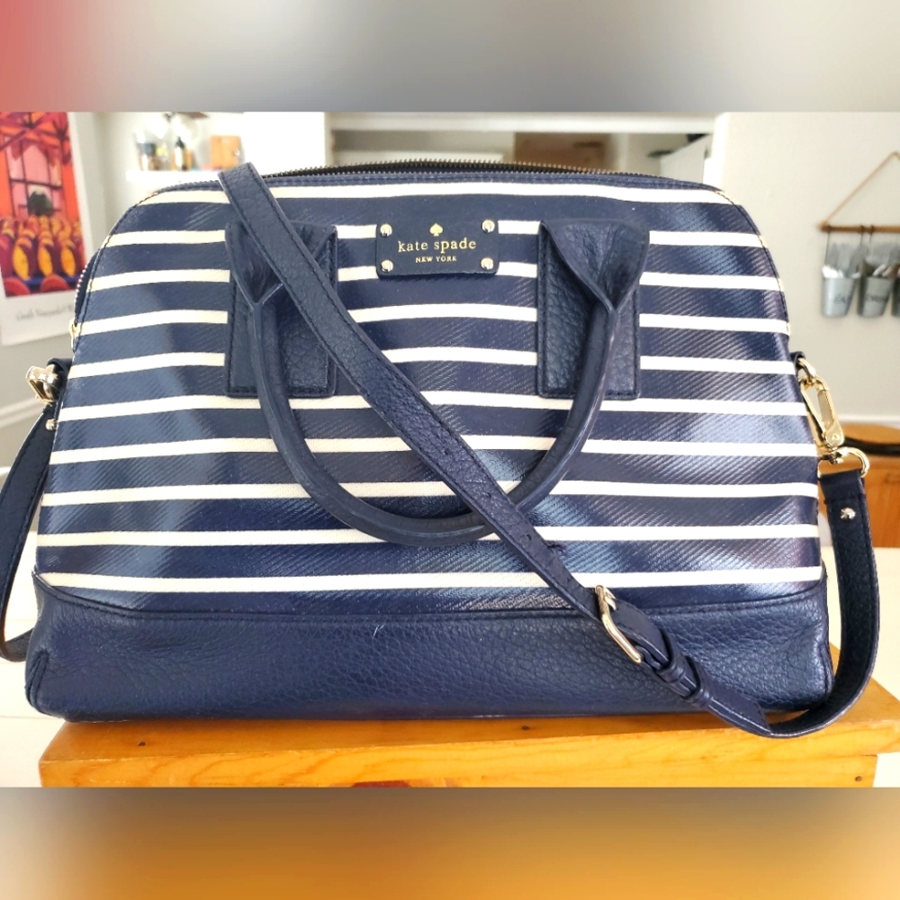 KATE SPADE STRIPED NAVY BLUE & WHITE LEATHER SATCHEL
